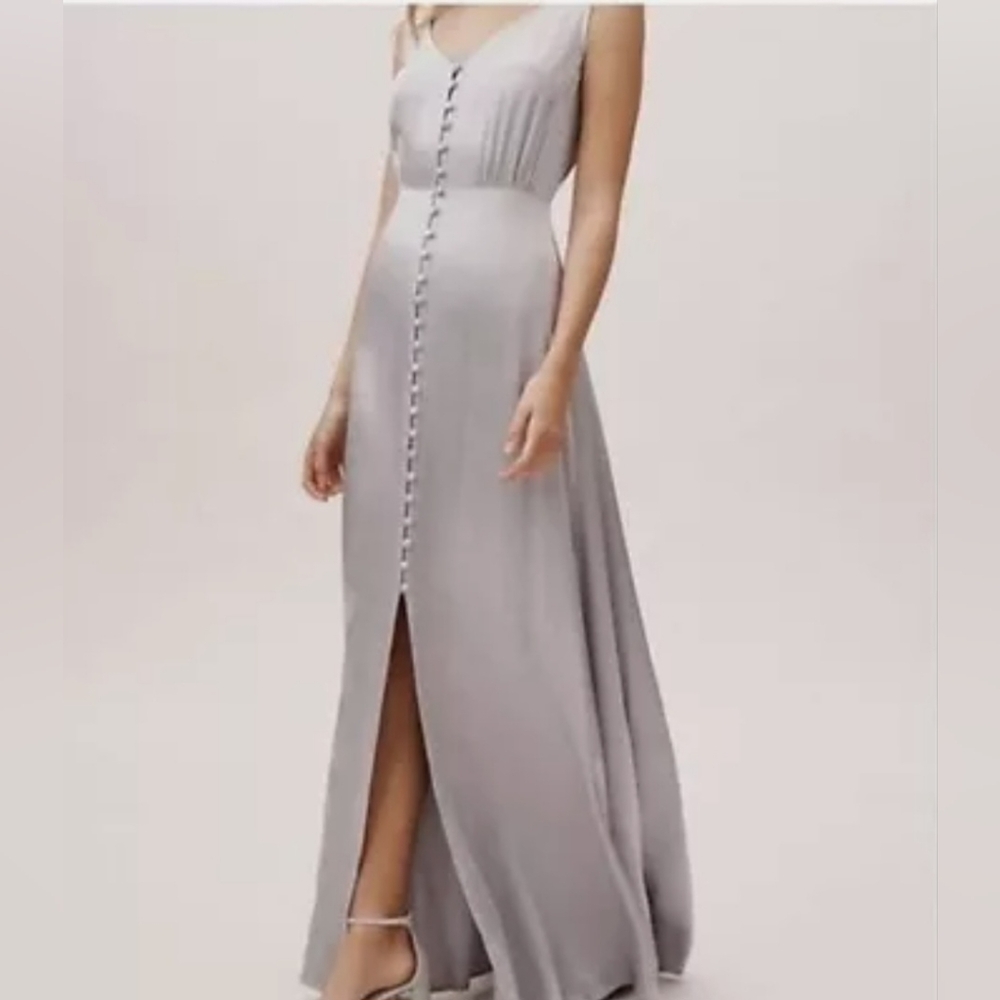 Sugar Lips Silver Crepe Button Slit Open Back Cut Out Maxi Dress